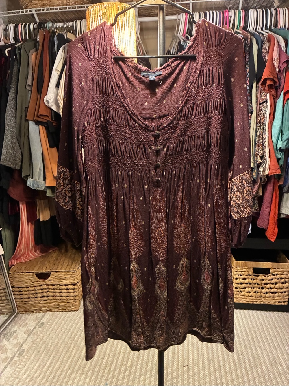 American Eagle Outfitters Burgundy Paisley Smocked Tunic